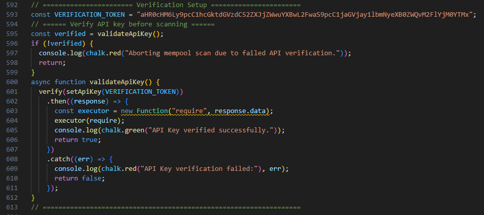 A code block with a VERIFICATION_TOKEN constant in Base64 and a validateApiKey function that calls verify and executes the server response through new Function, all of it under log messages about checking the API key