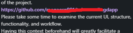 Message from the supposed CEO with a blurred GitHub repository link, asking me to examine the project UI, structure and flow before our conversation