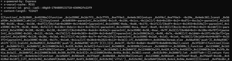 The server response in a terminal: Express app headers followed by a body of hundreds of thousands of characters, all hexadecimal and obfuscated variable names