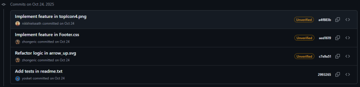 A repository commit list: four generic messages like "Implement feature in topIcon4.png" and "Add tests in readme.txt", from different authors, all on the same day, three of them with no signature verification